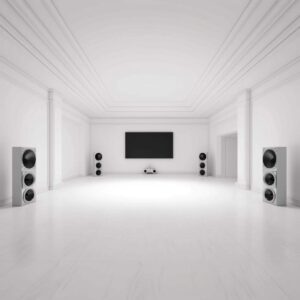 A room with TV and surround sound speakers